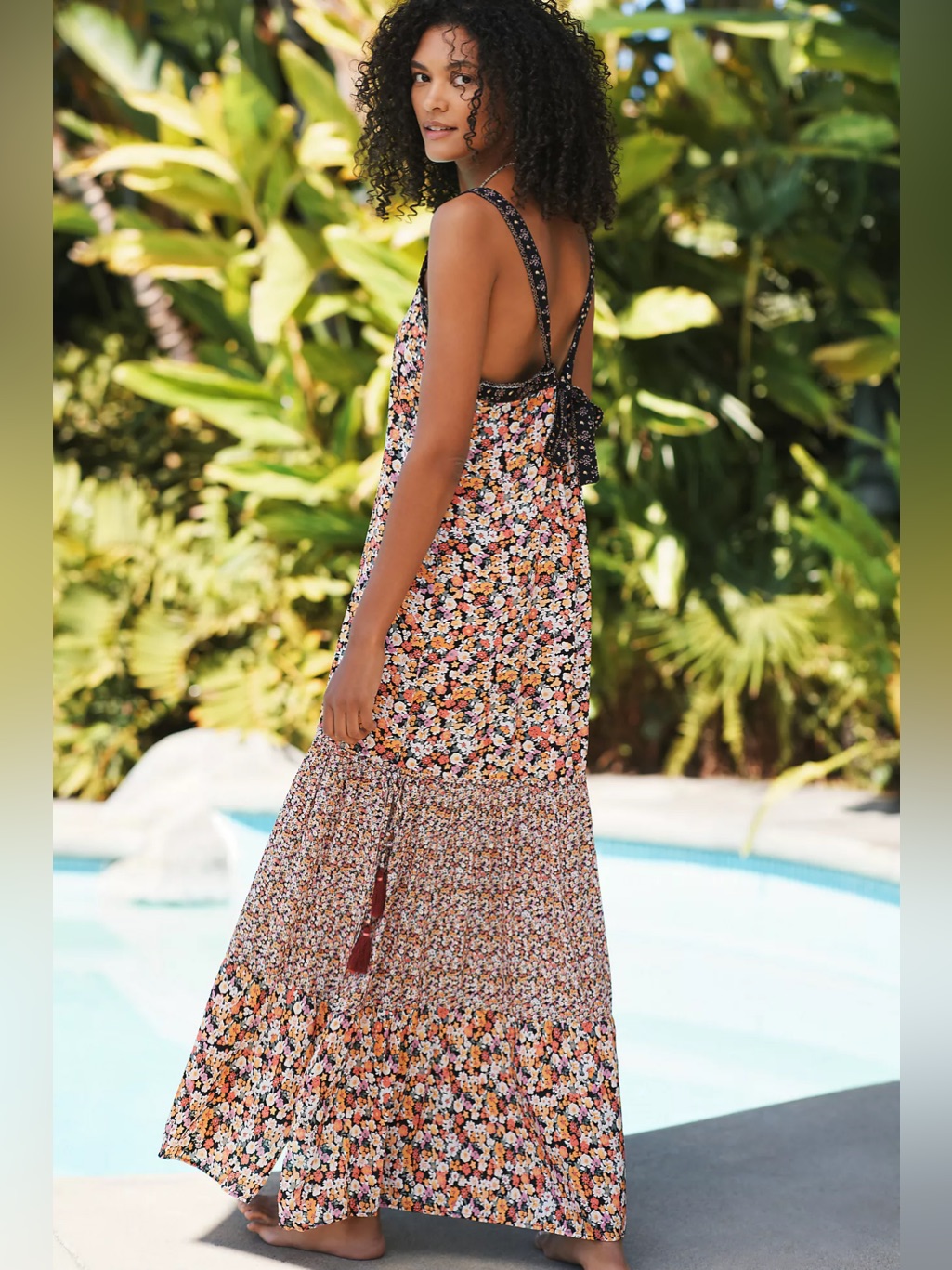Anthropologie Maaji Alessa Maxi Dress Tassels Slits Floral Tie Back